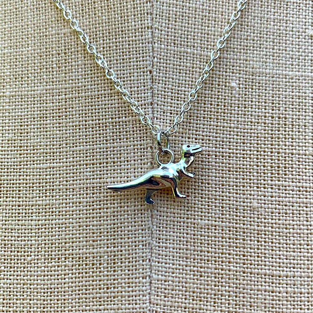 NWT Sterling Silver Plated Chain & Alloy Dinosaur Charm Necklace